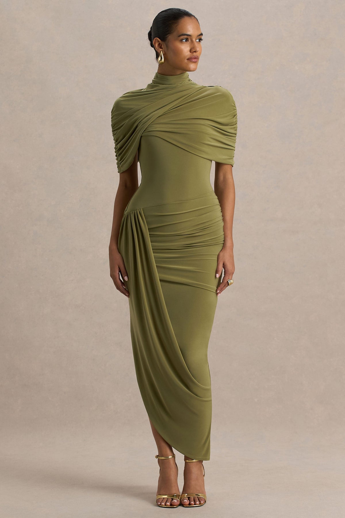 Demetria Draped Cape Midi Dress - Olive