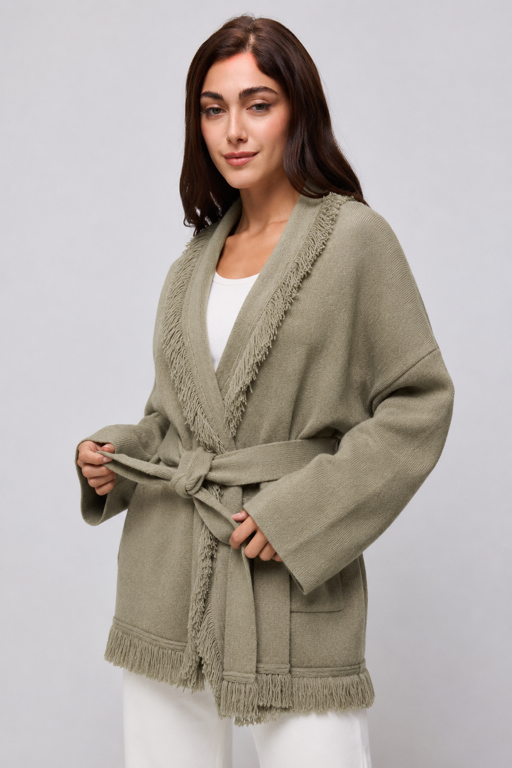 Desiree Wool Fringe Cardigan - Sage Green