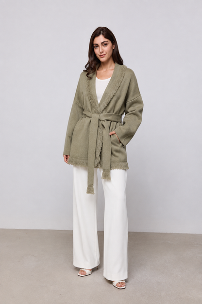 Desiree Wool Fringe Cardigan - Sage Green