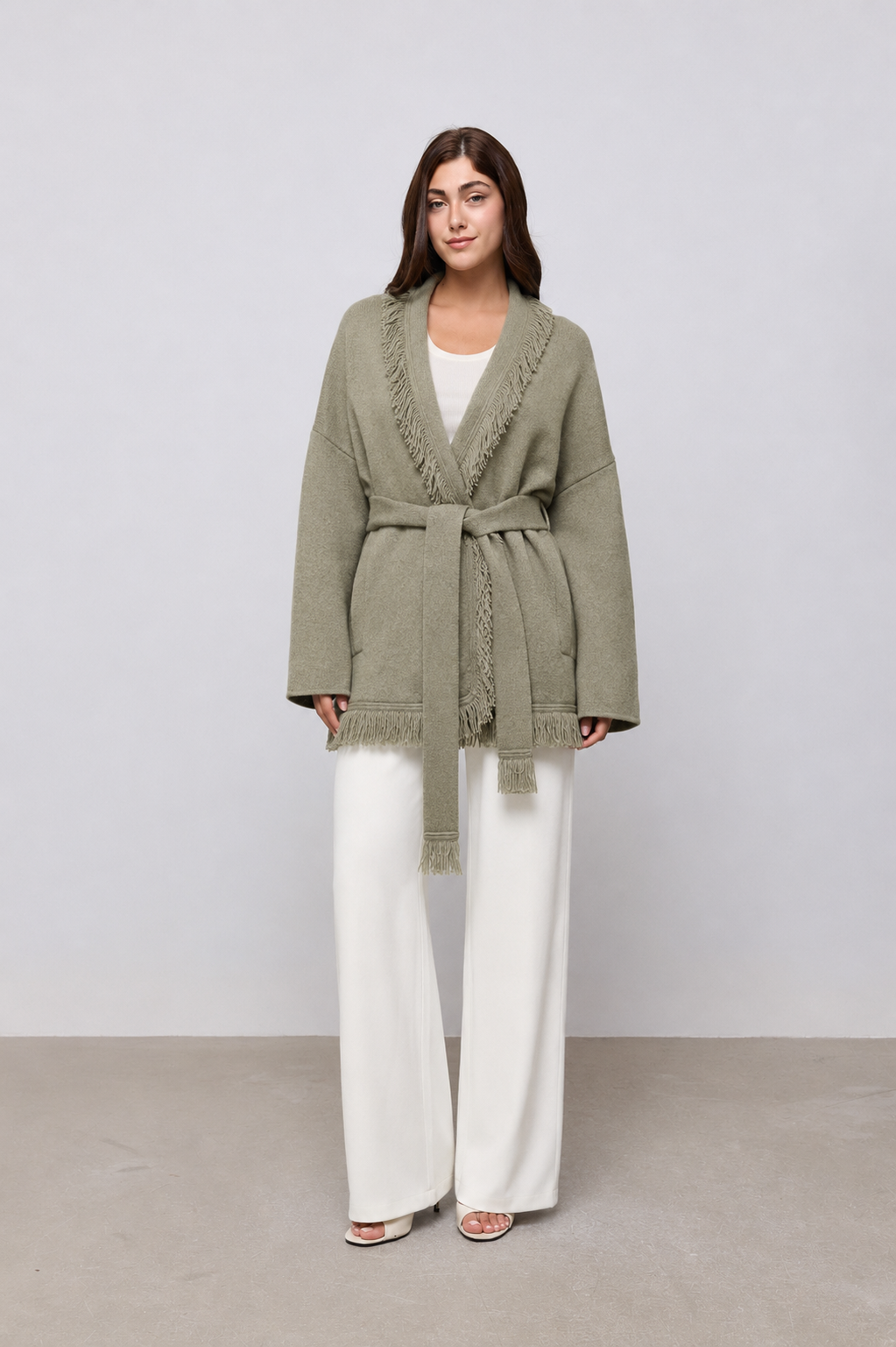 Desiree Wool Fringe Cardigan - Sage Green