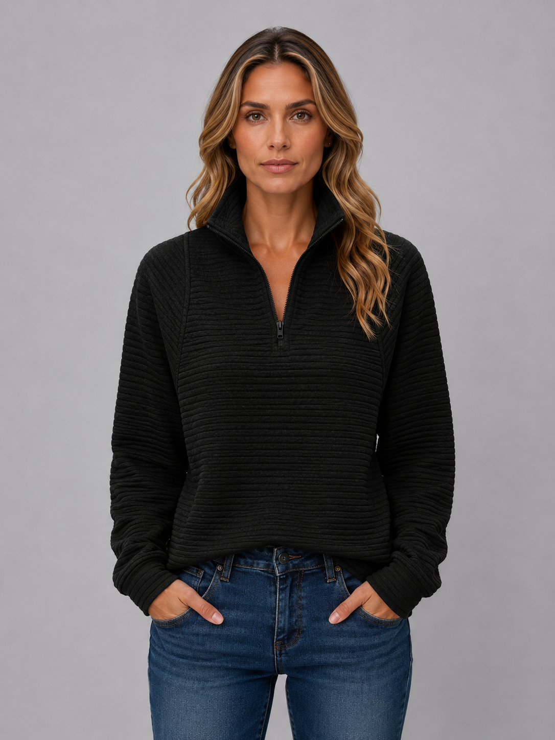 Dorothy Ribbed Half-Zip Sweater - Black