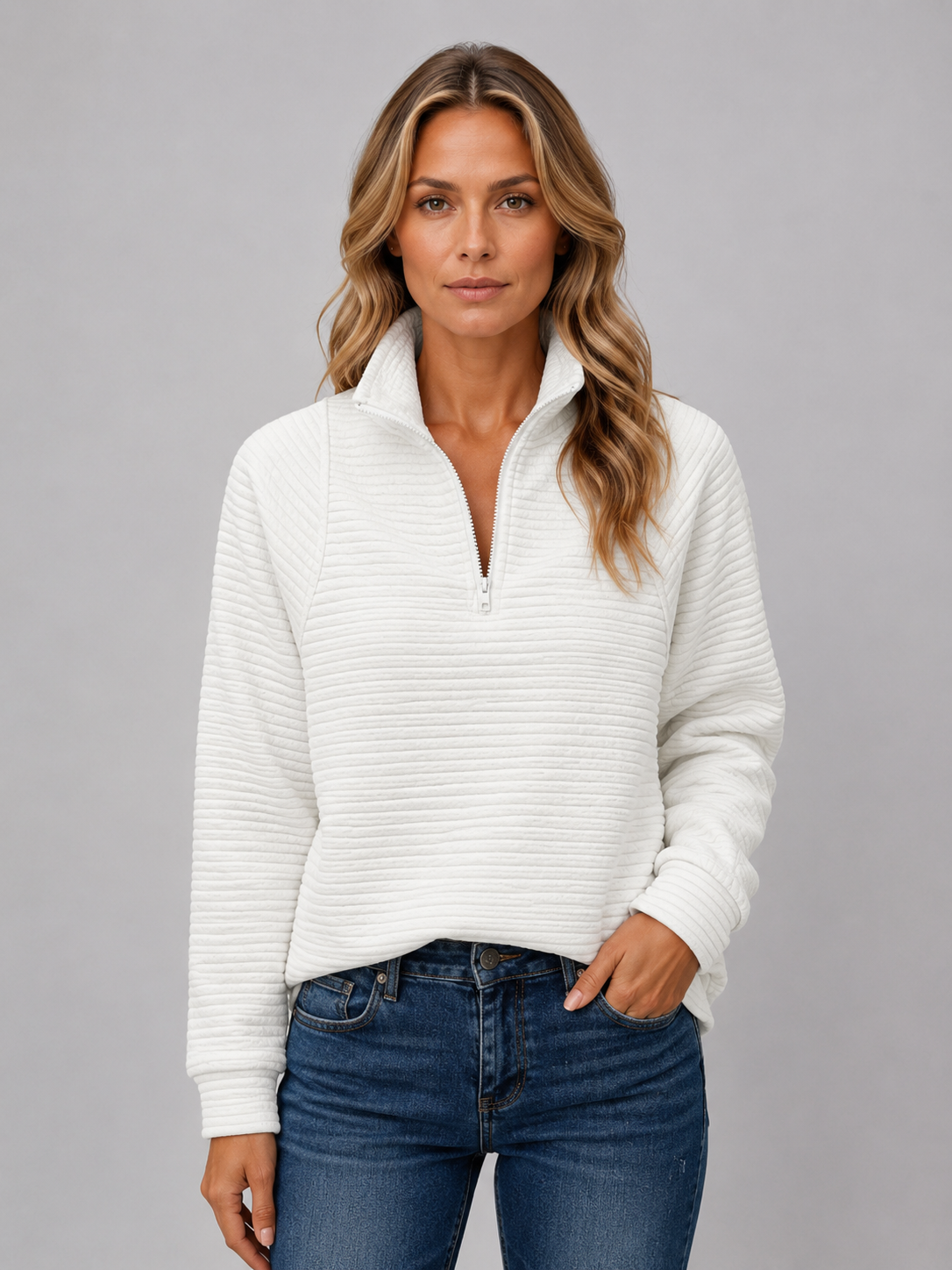 Dorothy Ribbed Half-Zip Sweater - White
