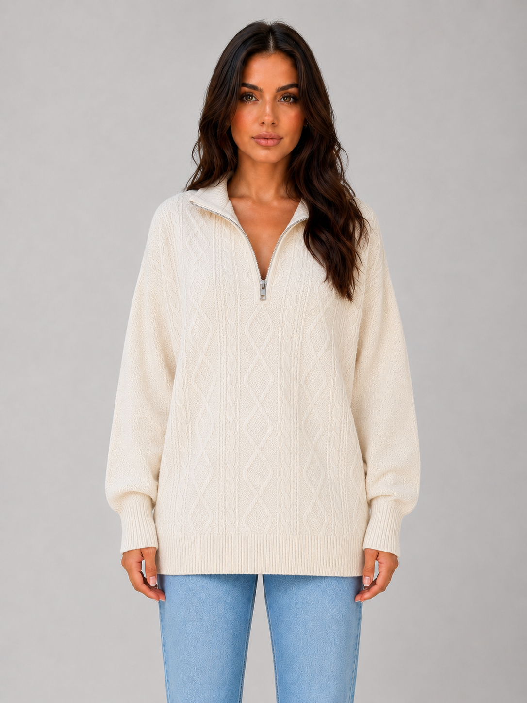 Drew Half-Zip Cable Knit Sweater - Cream
