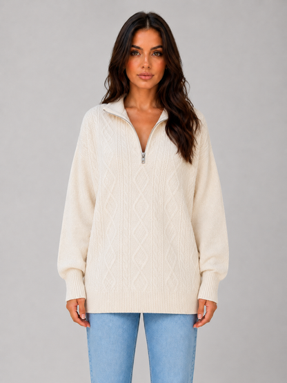 Drew Half-Zip Cable Knit Sweater - Cream