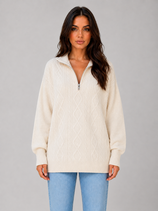 Drew Half-Zip Cable Knit Sweater - Cream