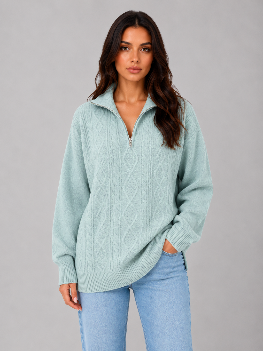 Drew Half-Zip Cable Knit Sweater - Mint Green