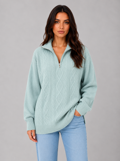 Drew Half-Zip Cable Knit Sweater - Mint Green