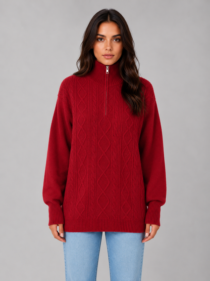 Drew Half-Zip Cable Knit Sweater - Red