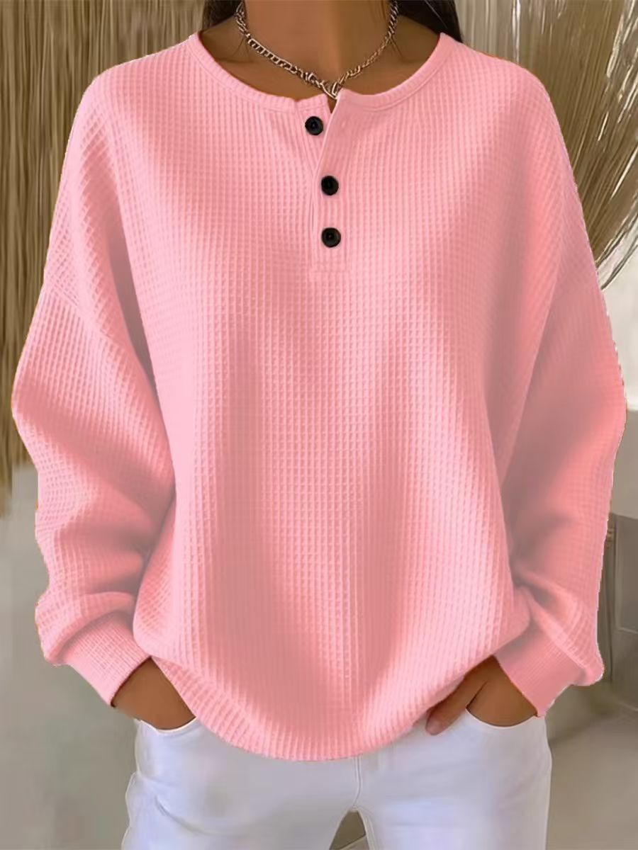 Dvora Waffle Texture Button Neck Sweater - Light Pink