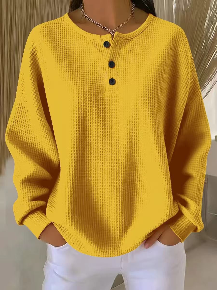 Dvora Waffle Texture Button Neck Sweater - Mustard Yellow