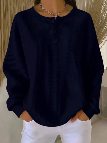 Dvora Waffle Texture Button Neck Sweater - Navy Blue