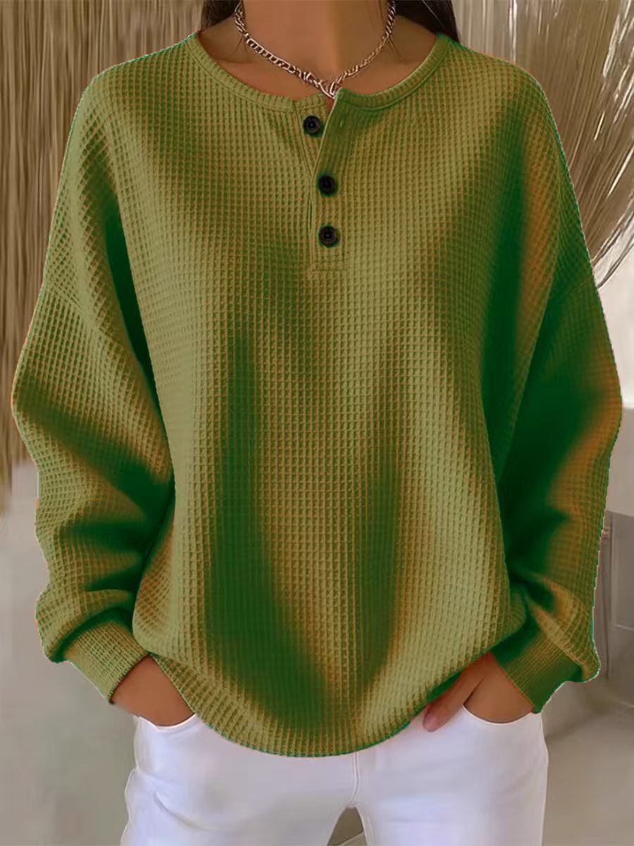 Dvora Waffle Texture Button Neck Sweater - Olive Green