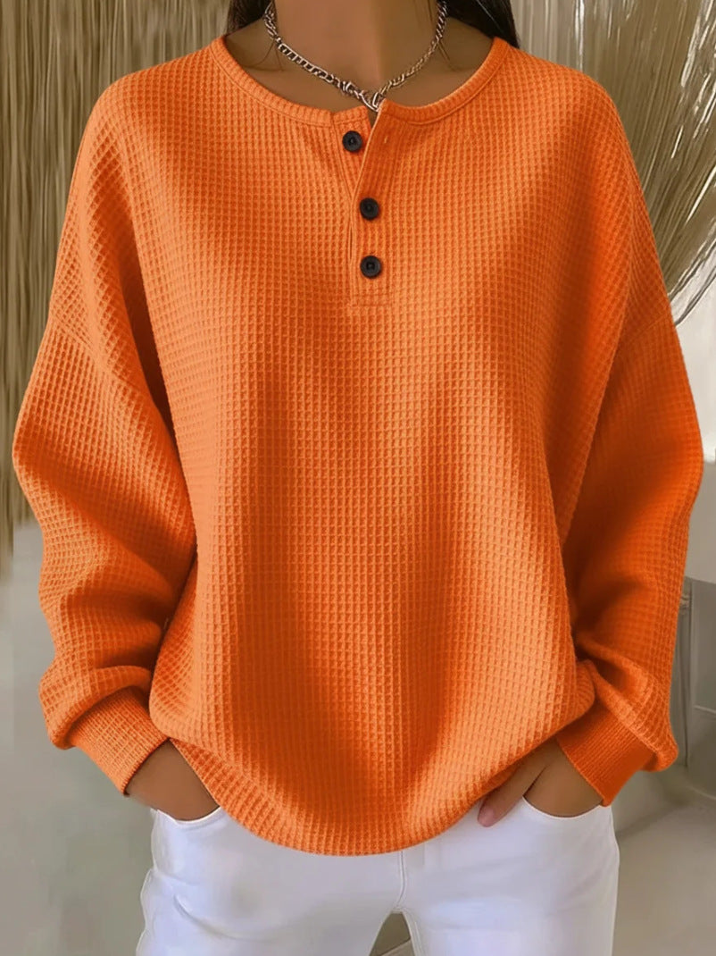 Dvora Waffle Texture Button Neck Sweater - Orange
