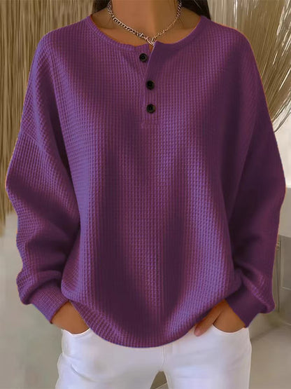 Dvora Waffle Texture Button Neck Sweater - Purple