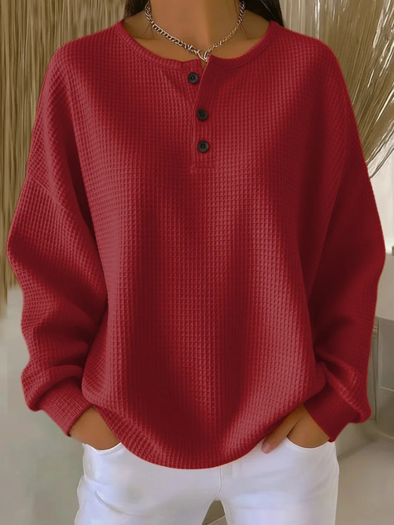 Dvora Waffle Texture Button Neck Sweater - Red