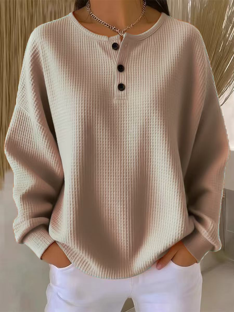 Dvora Waffle Texture Button Neck Sweater - Taupe