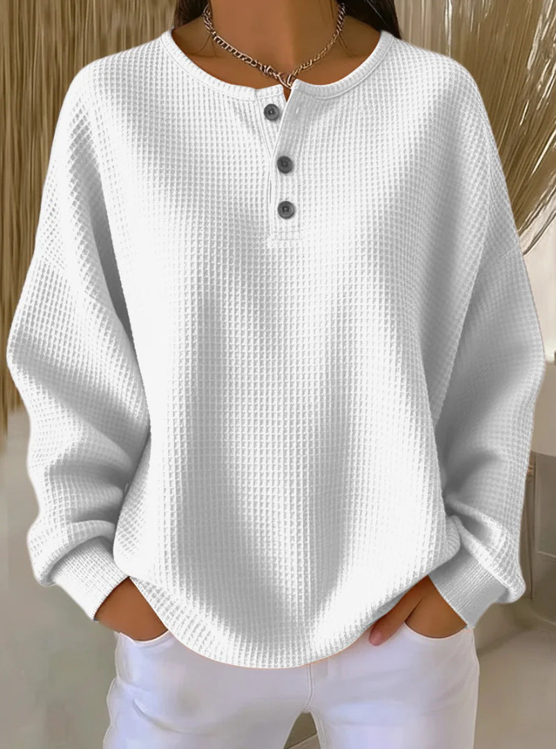 Dvora Waffle Texture Button Neck Sweater - White