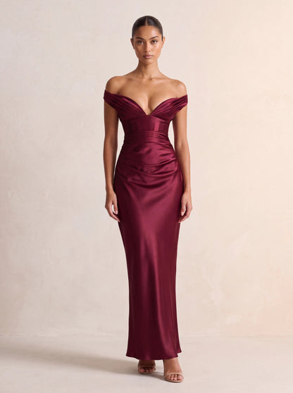 Eglantine Off Shoulder Corset Satin Maxi Dress - Burgundy