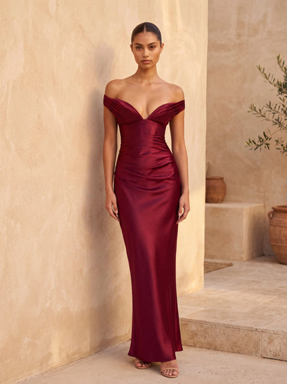 Eglantine Off Shoulder Corset Satin Maxi Dress - Burgundy