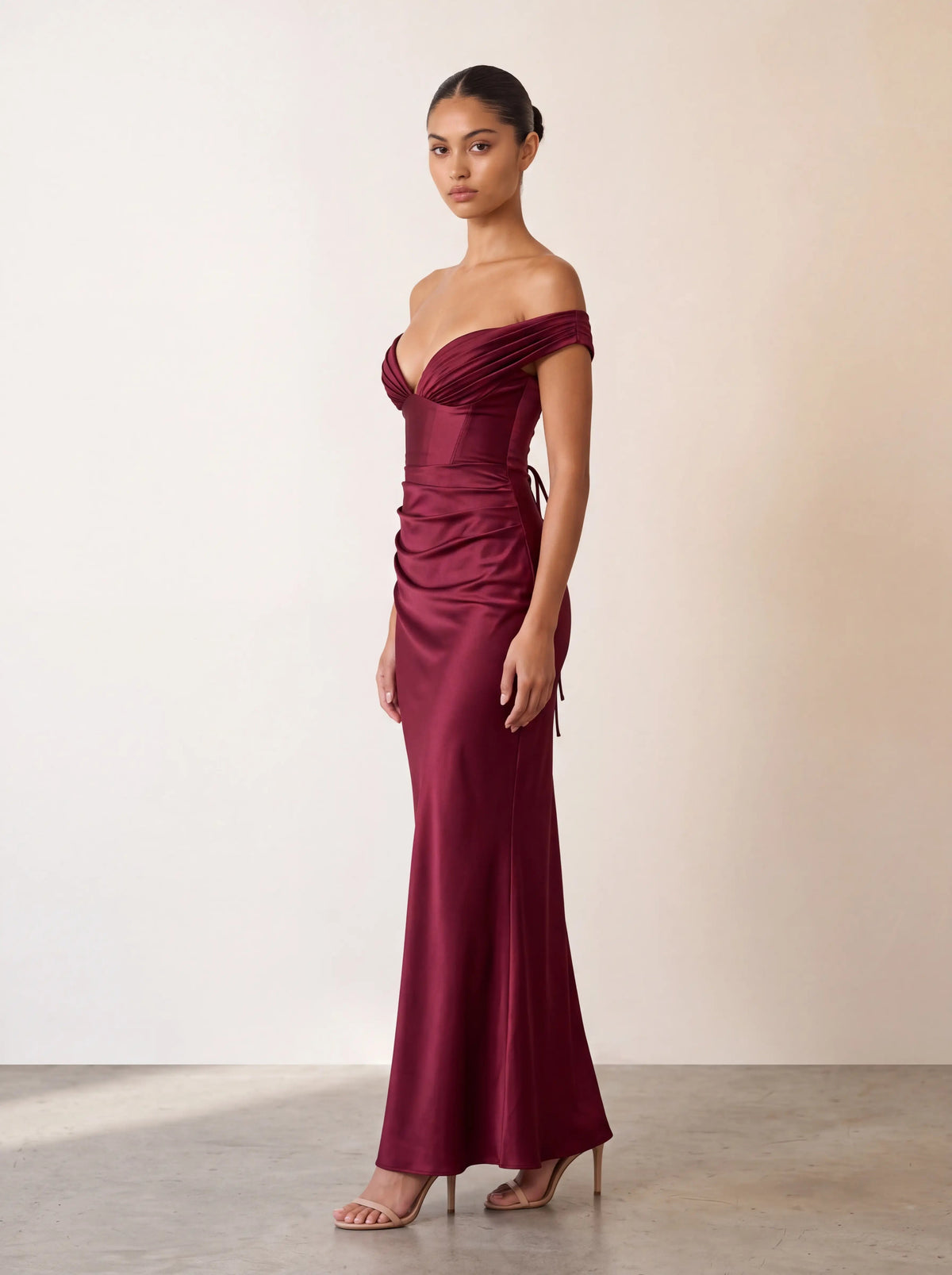 Eglantine Off Shoulder Corset Satin Maxi Dress - Burgundy