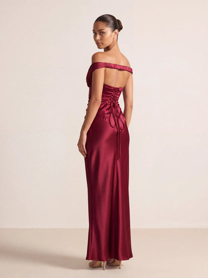 Eglantine Off Shoulder Corset Satin Maxi Dress - Burgundy