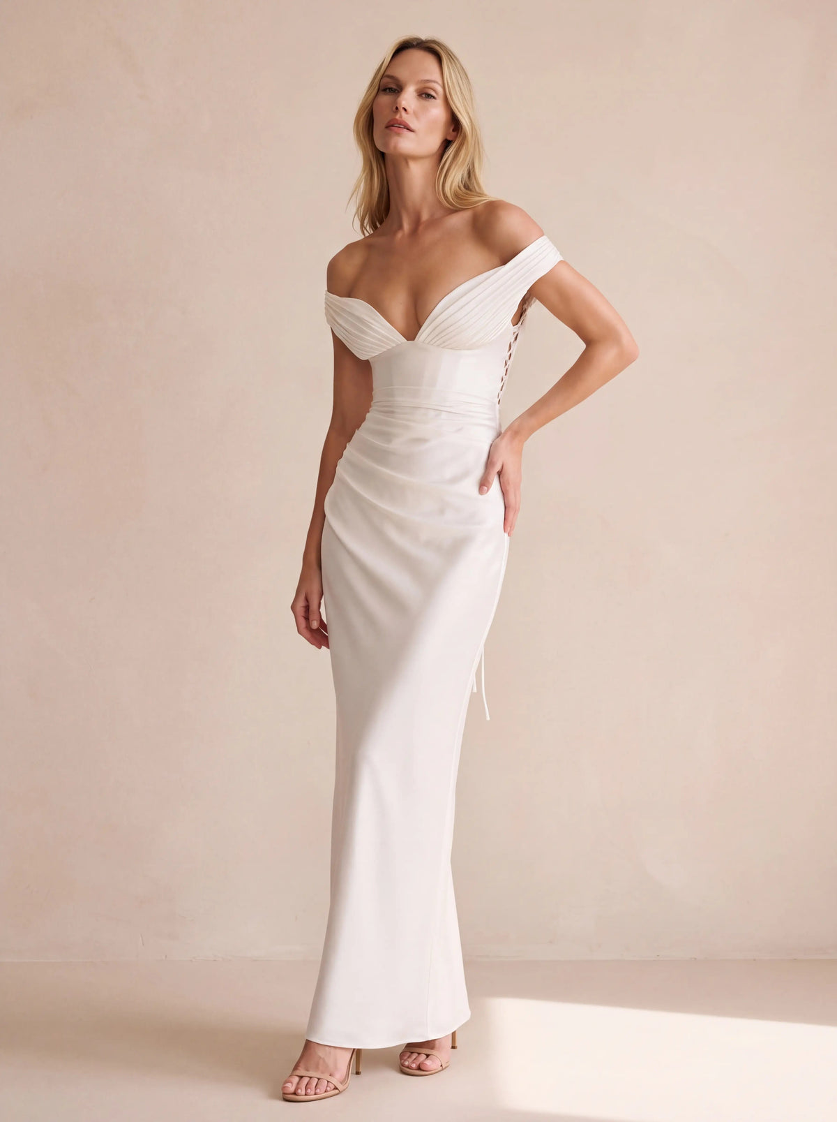 Eglantine Off Shoulder Corset Satin Maxi Dress - Ivory