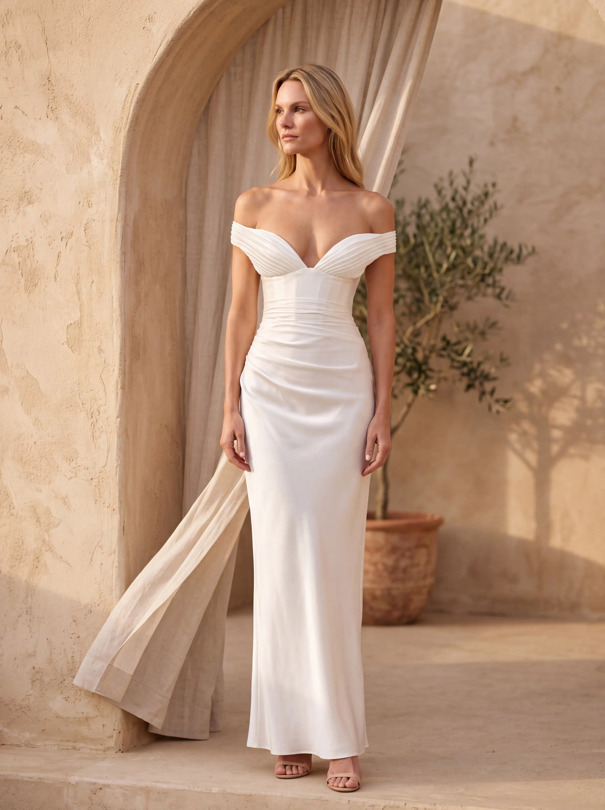 Eglantine Off Shoulder Corset Satin Maxi Dress - Ivory
