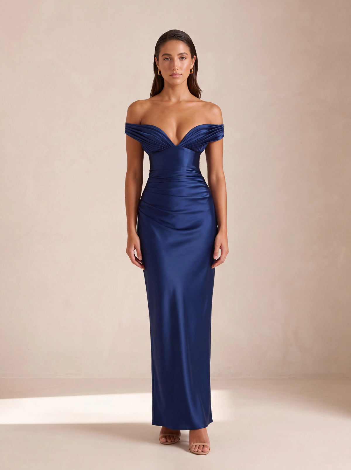 Eglantine Off Shoulder Corset Satin Maxi Dress - Navy