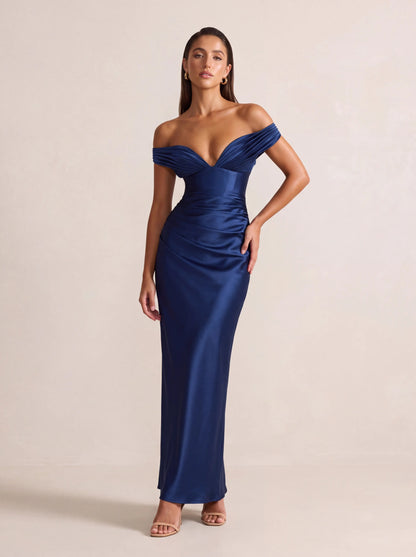 Eglantine Off Shoulder Corset Satin Maxi Dress - Navy