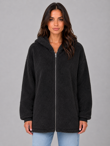Elaina Longline Hooded Teddy Cardigan - Black