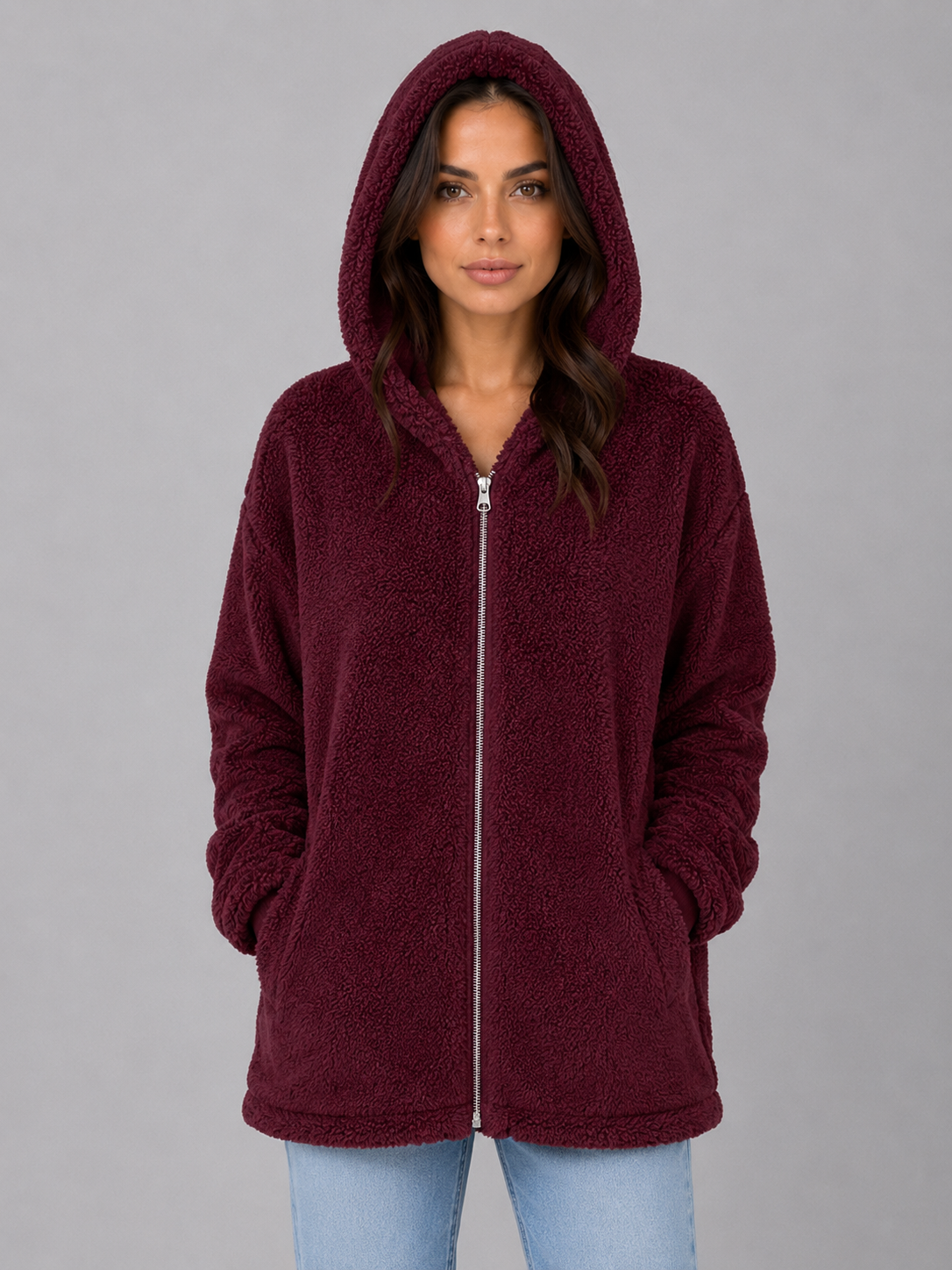Elaina Longline Hooded Teddy Cardigan - Burgundy
