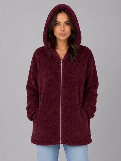 Elaina Longline Hooded Teddy Cardigan - Burgundy