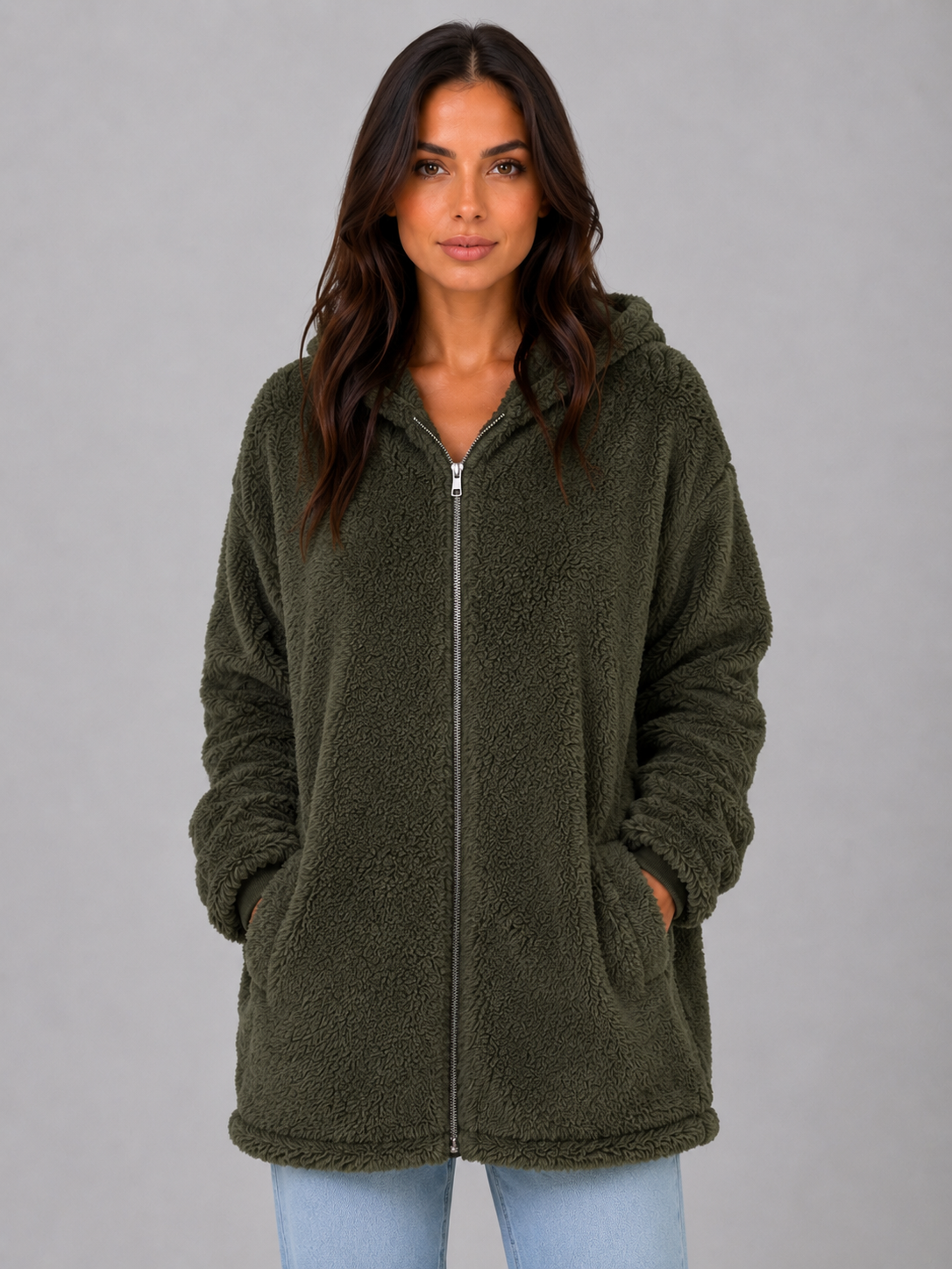Elaina Longline Hooded Teddy Cardigan - Dark Green