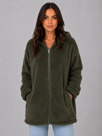 Elaina Longline Hooded Teddy Cardigan - Dark Green