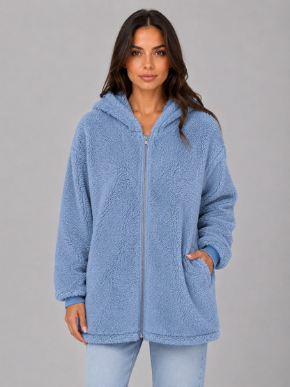 Elaina Longline Hooded Teddy Cardigan - Light Blue