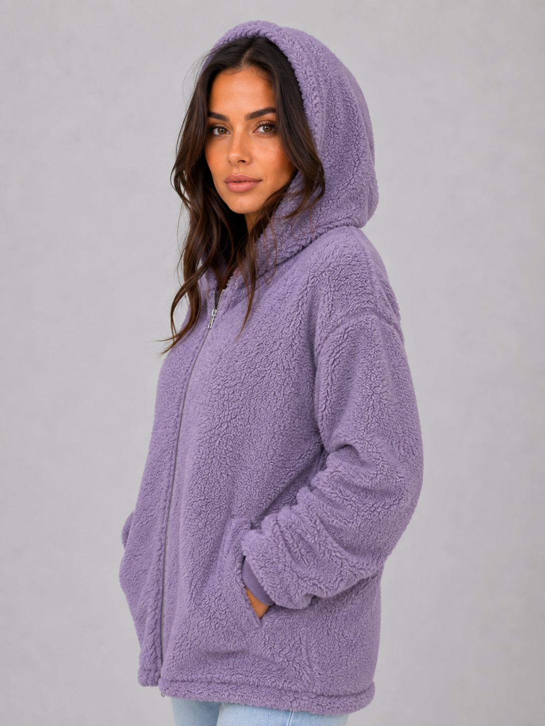 Elaina Longline Hooded Teddy Cardigan - Lilac