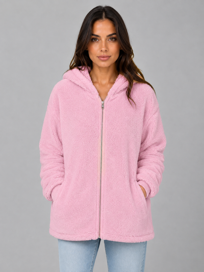 Elaina Longline Hooded Teddy Cardigan - Pink
