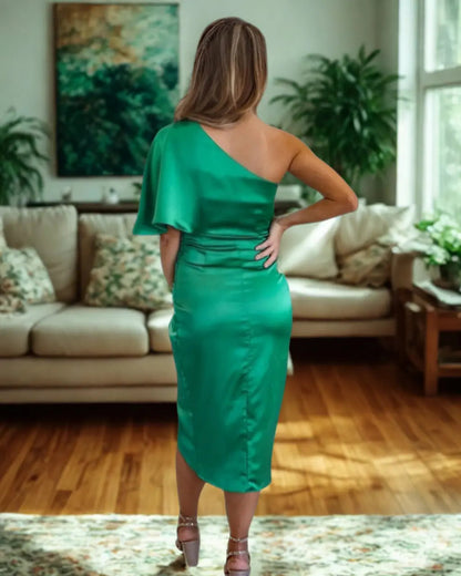 Navy blue draped midi dress with one-shoulder flutter sleeve and ruched waist