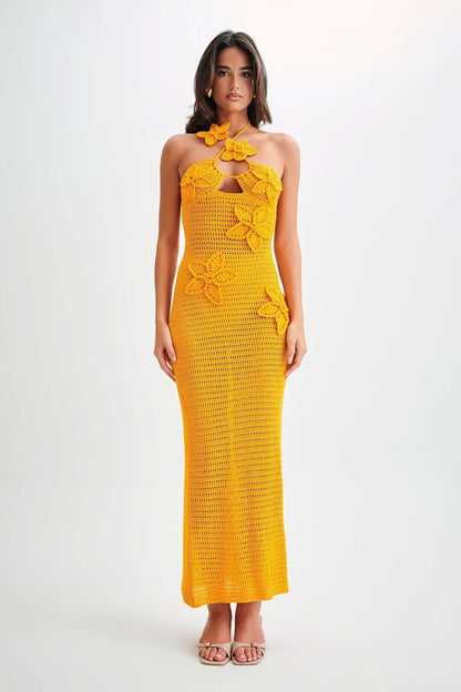 Women's Vacation Crochet Halter Maxi Dress with Floral Applique - product image 3
