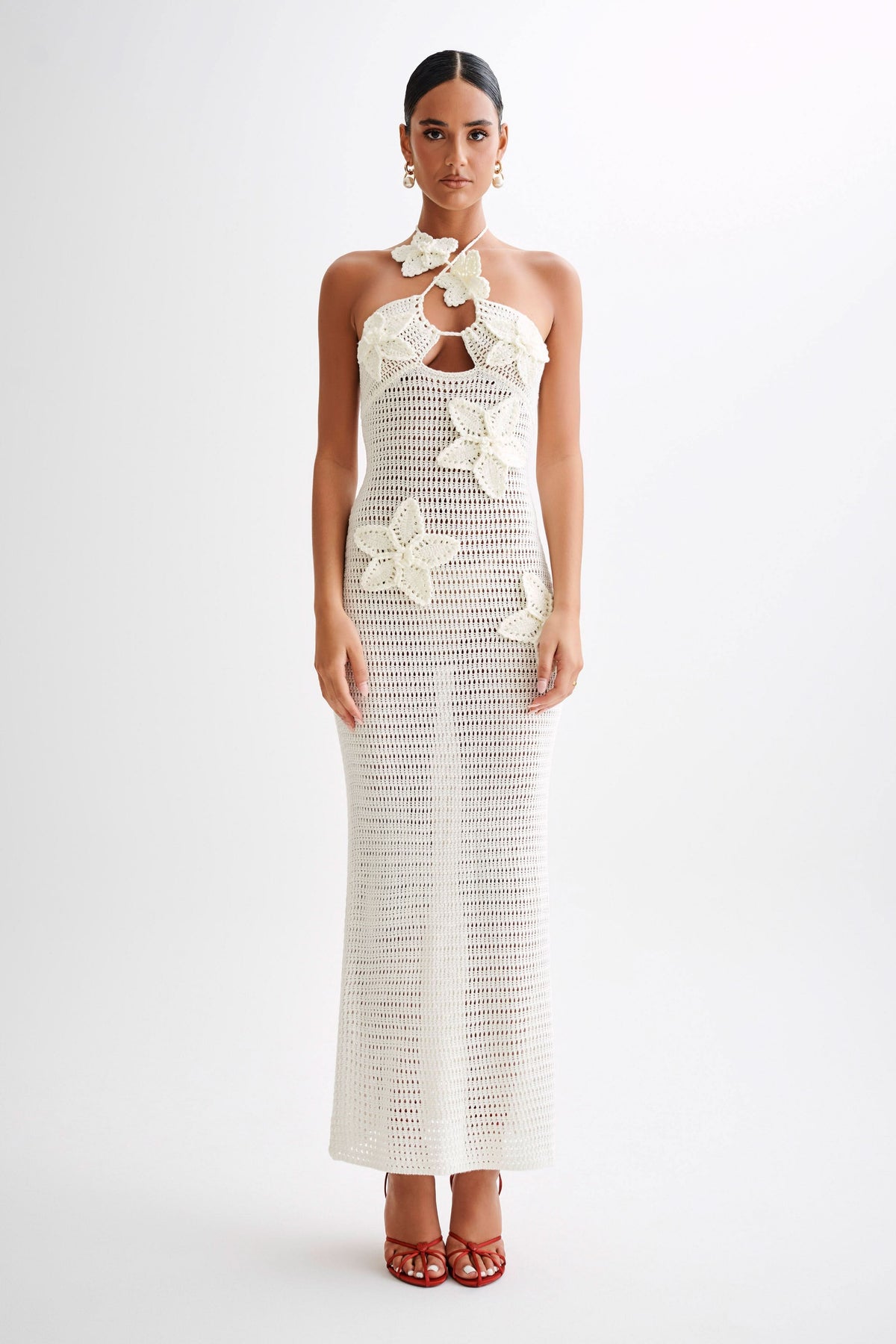Women's Vacation Crochet Halter Maxi Dress with Floral Applique - product image 4