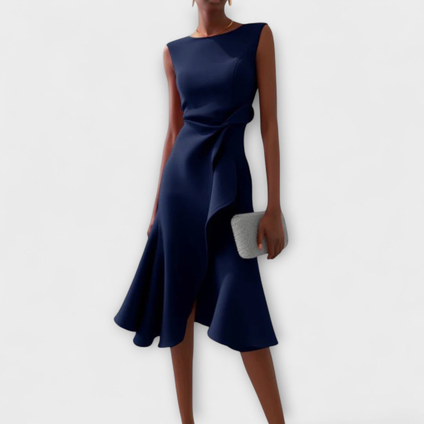 Navy blue draped midi dress with asymmetrical side drape