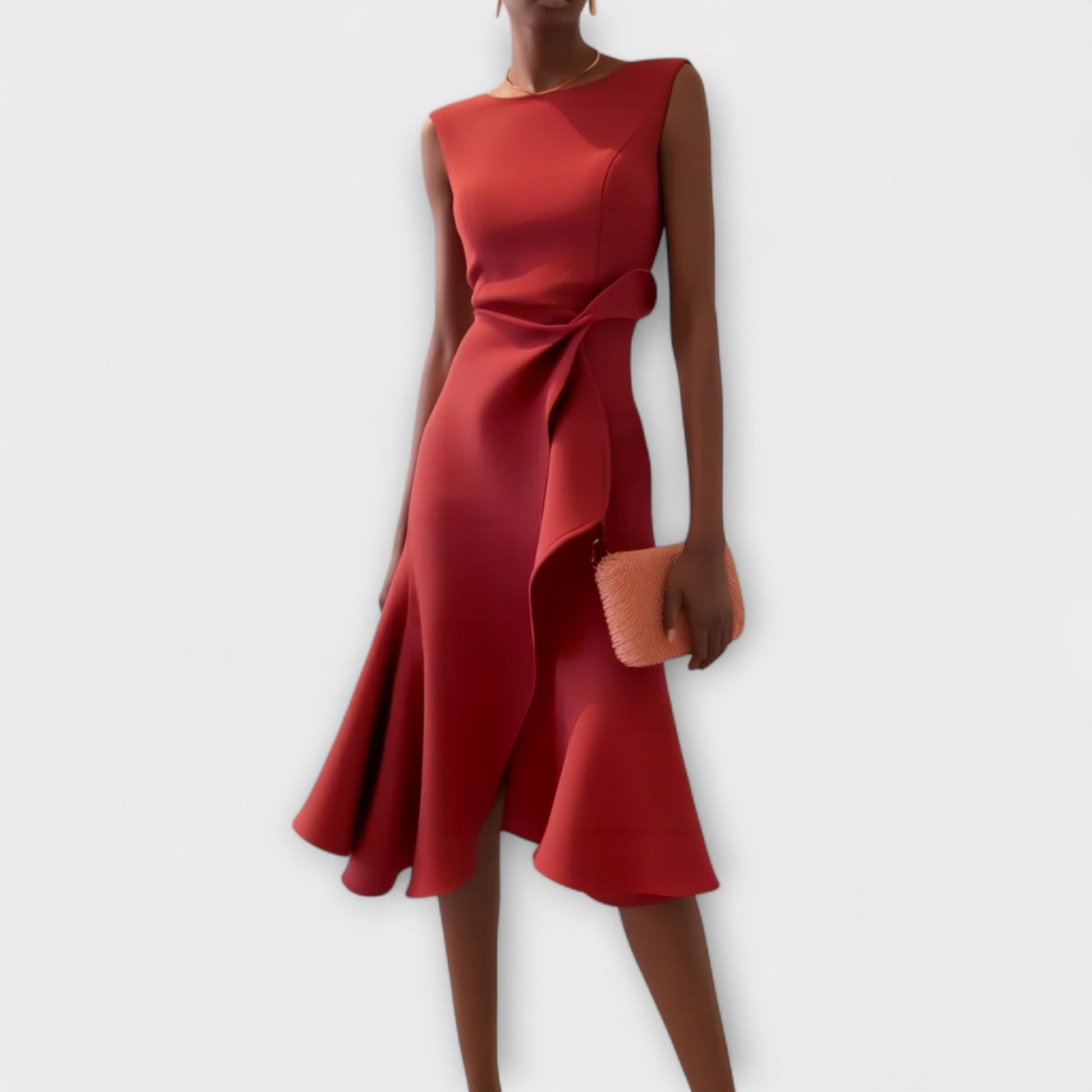 Red draped midi dress with sleeveless design and side tie detail