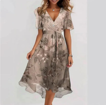 Taupe wrap midi dress with gray botanical leaf print and short sleeves