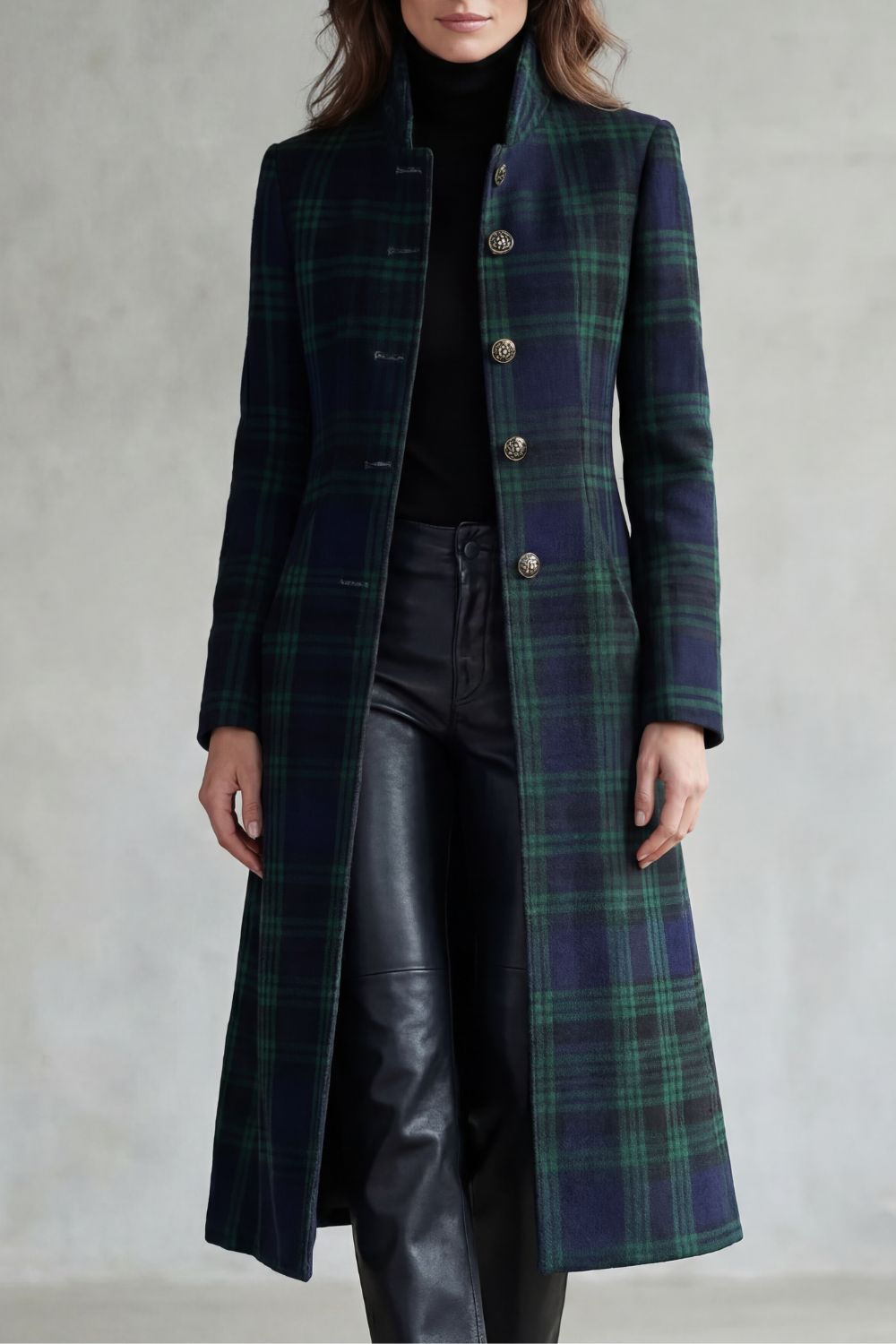 Elenor Tartan High Neck Tailored Long Coat