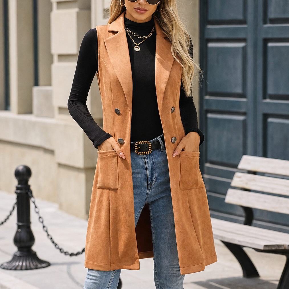 Elin Long Double-Breasted Faux Suede Vest - Camel