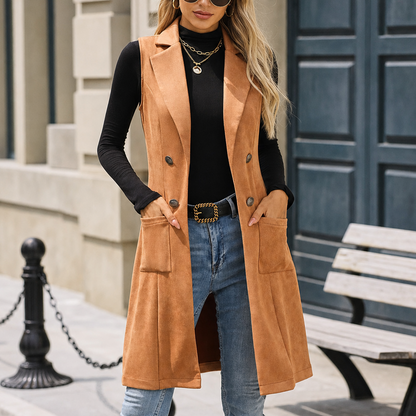 Elin Long Double-Breasted Faux Suede Vest - Camel