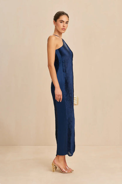 Eliora Halter Satin Maxi Dress - Navy Blue