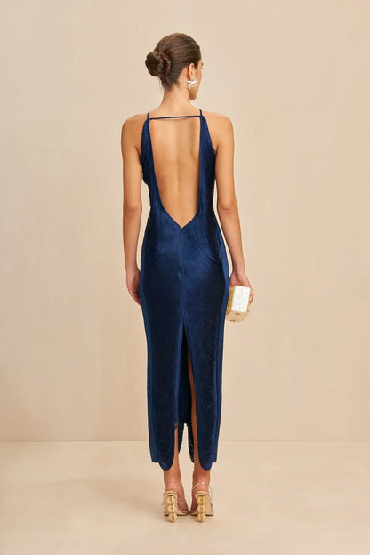 Eliora Halter Satin Maxi Dress - Navy Blue