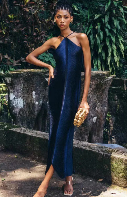 Eliora Halter Satin Maxi Dress - Navy Blue
