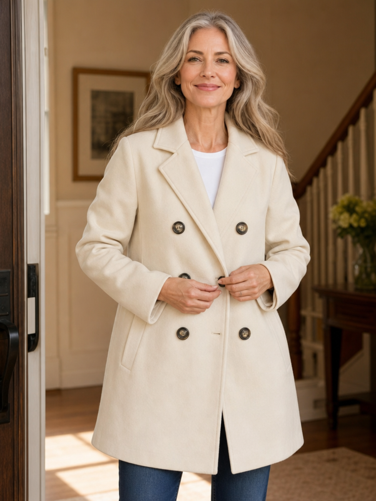 Elissa Double-Breasted Structured Coat - Cream